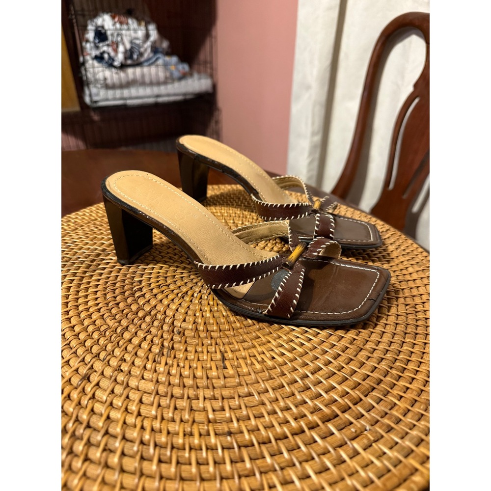 Franco Sarto Brown Leather Square Toe Slide Sandals Whipstitch Bamboo 6.5M